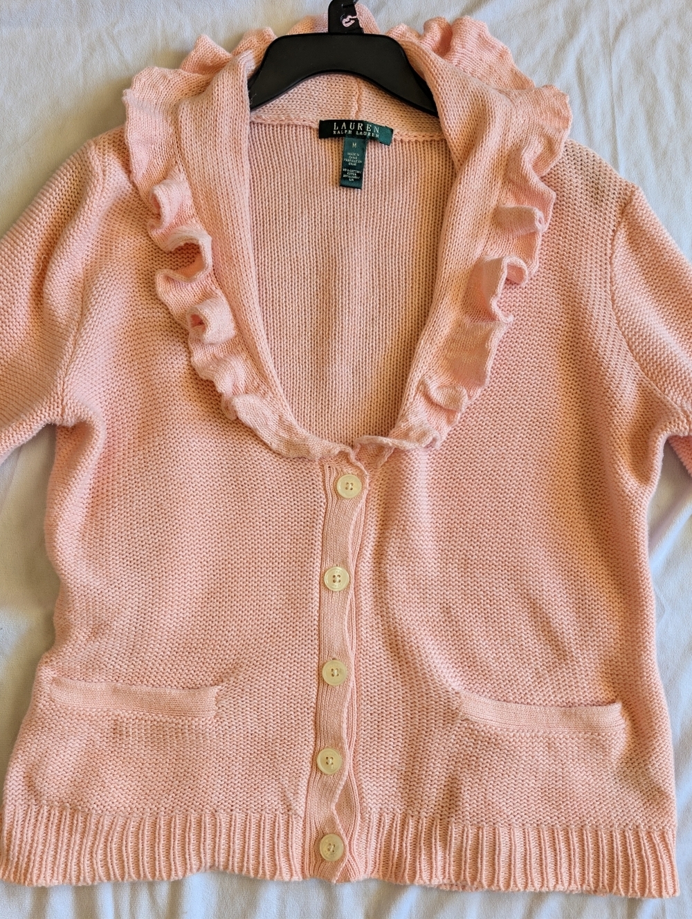 Vintage LRL Petal Pink SzMKnit Button Cardigan Sweater Cotton& Linen Blend